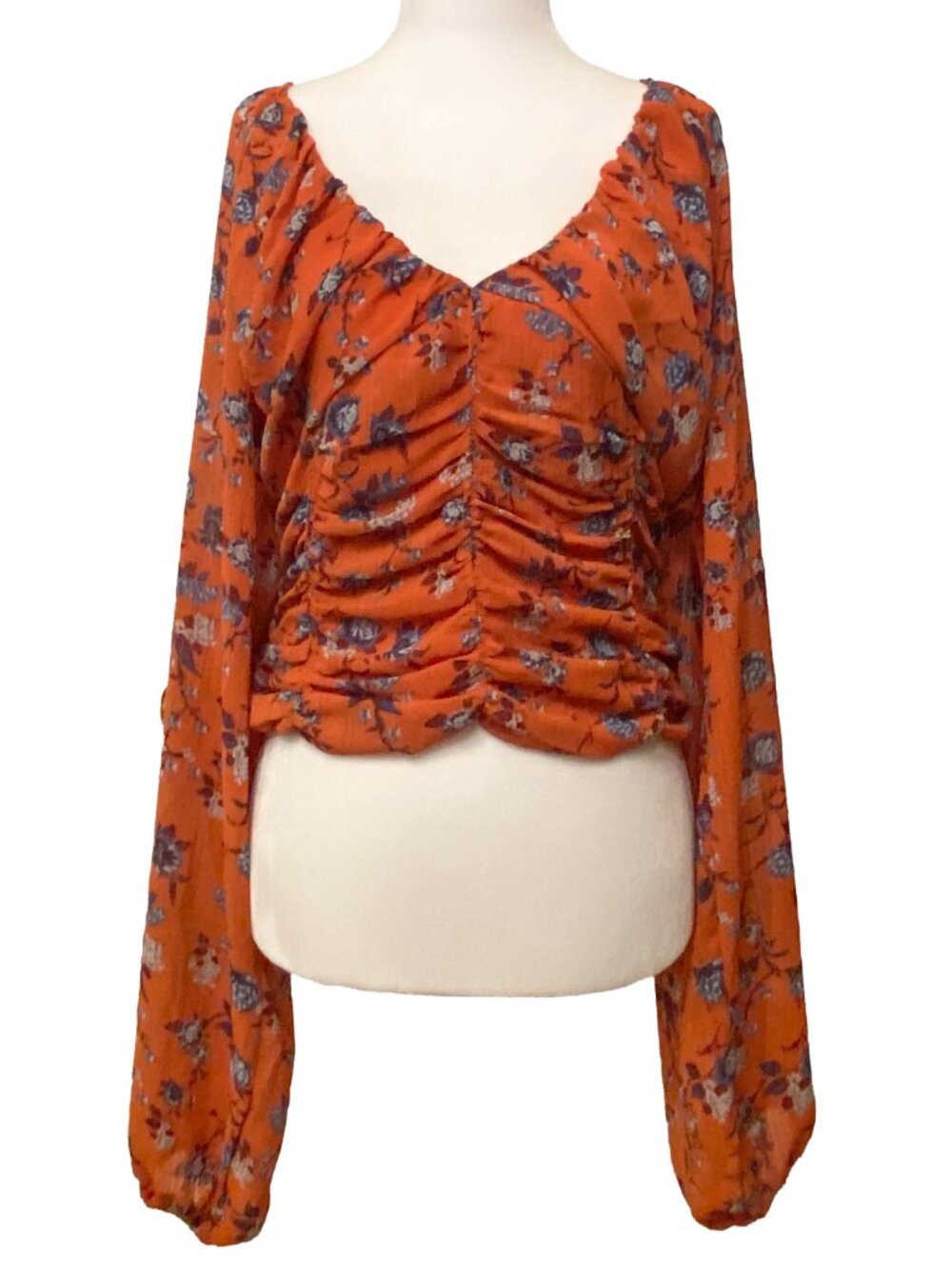 Free People Orange & Blue Long Sleeve V-Neck Ruched Blouse Top Sz L Boho Floral
